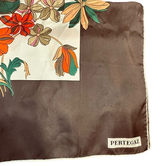 Vintage Pertegaz, Spain Brown and Orange Floral Italian Silk HeadScarf - Picture 6 of 7